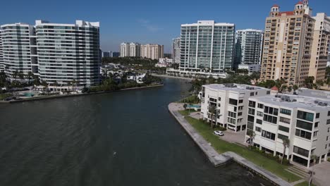Aerial view of downtown Sarasota, Florida with pink building