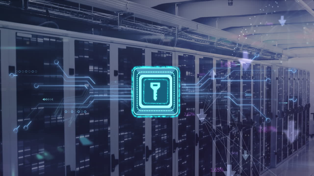 animación de la clave en cuadrado, flechas conectadas, patrón de placa de circuito sobre bastidores de servidores de datos