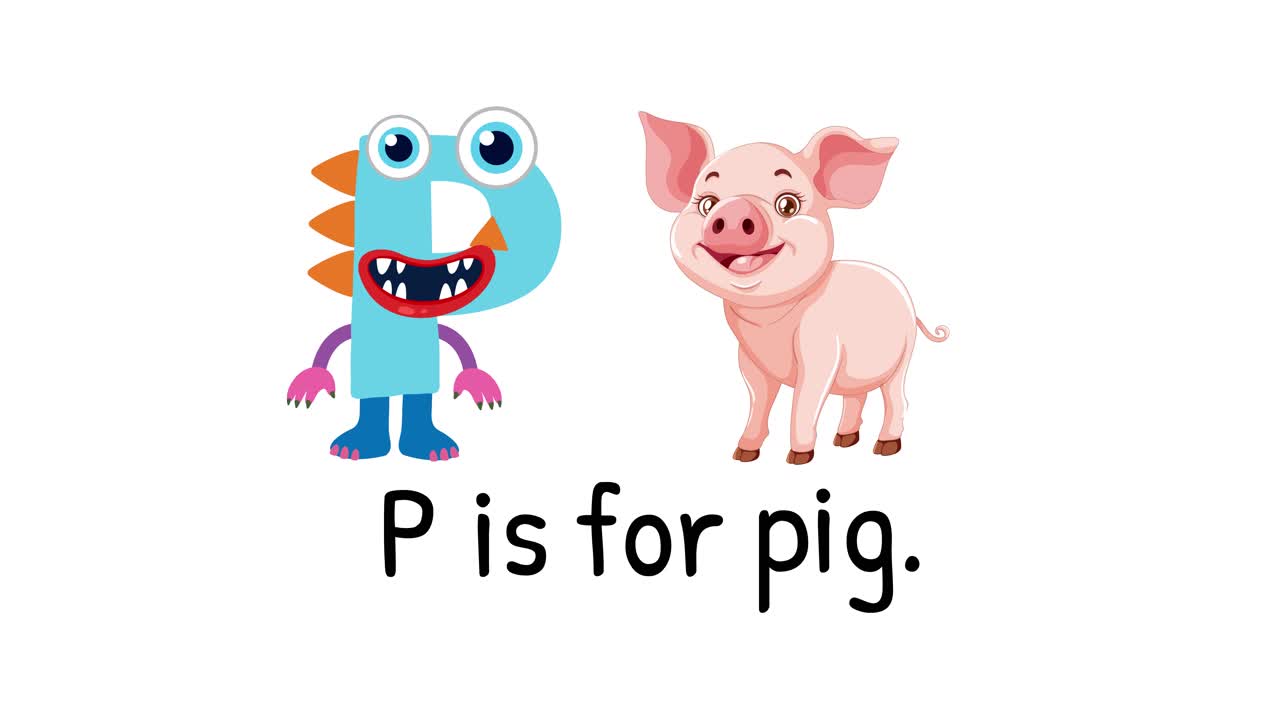Colorful animation with a playful character and pig illustrating the letter P. Simple transitions and cheerful mood on a white background