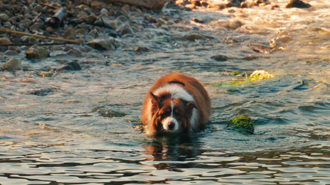 Brown and white dog walking through the water on the beach