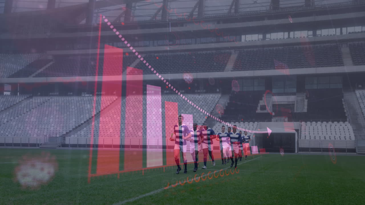 스포츠 경기장에서 남성 럭비 선수 팀을 상대로 코로나바이러스 디지털 인터페이스