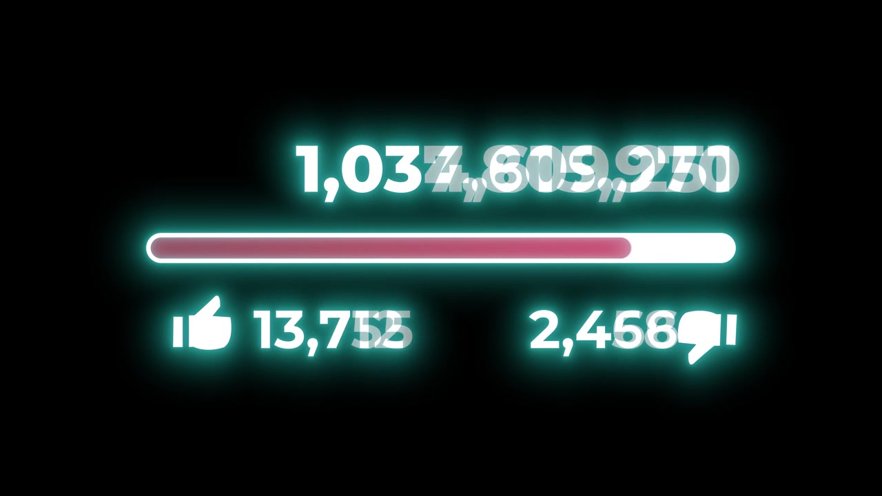 Social Media Engagement Counter Animation With Rising Numbers and Like Dislike Icons neon glow on Black Background