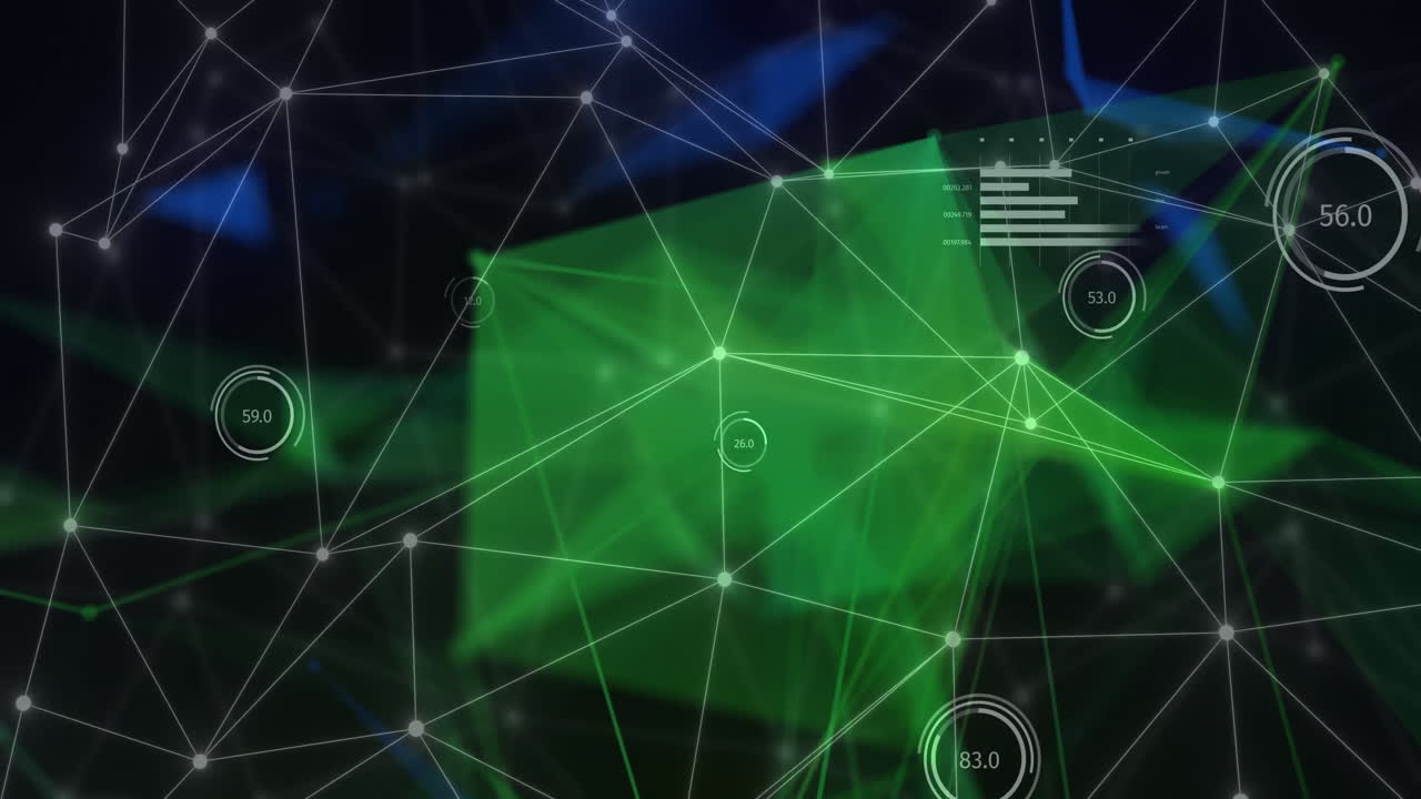 Animation of network of connections with shapes over globe and diagrams