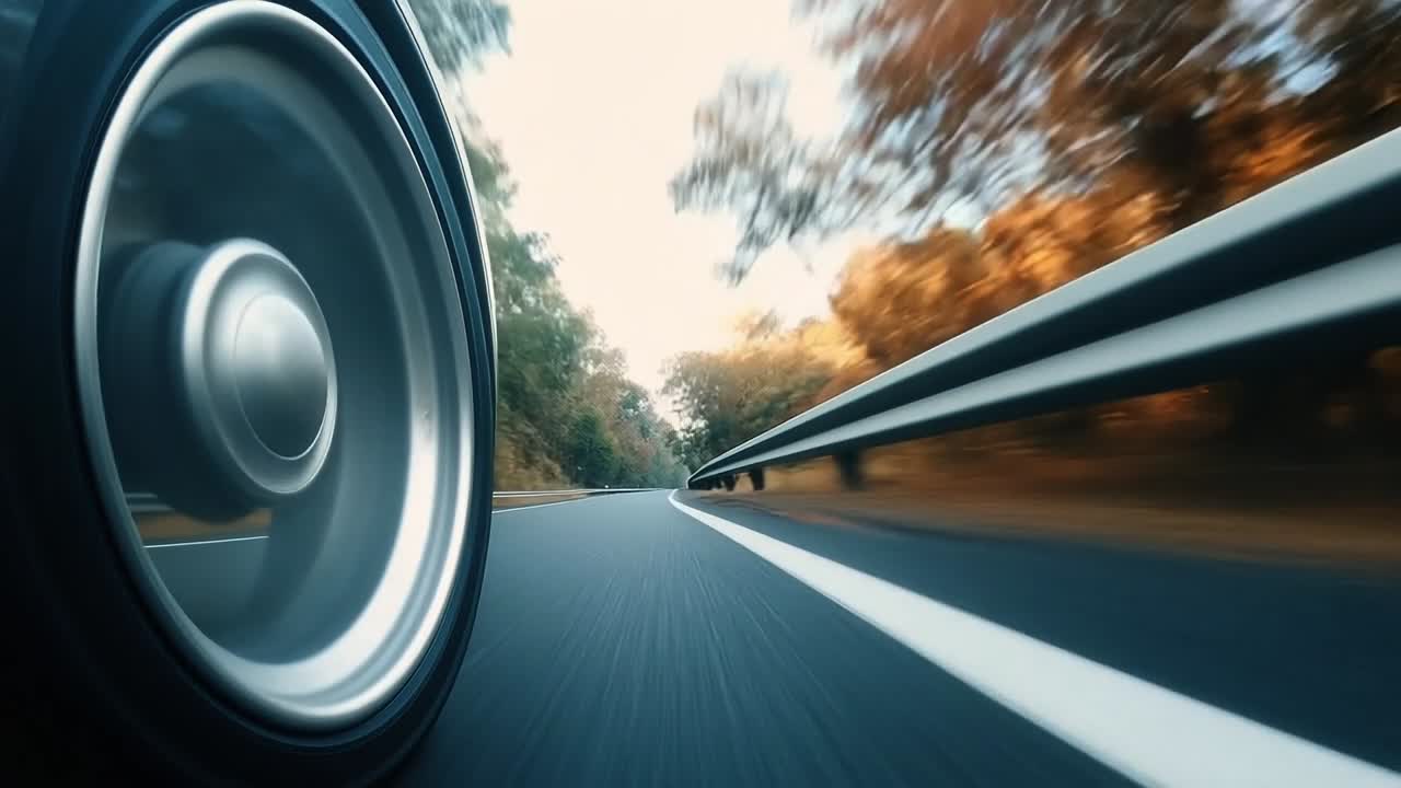 Driving along a winding road in autumn. A close view of a car tire on a winding road surrounded by colorful autumn foliage in a tranquil setting.