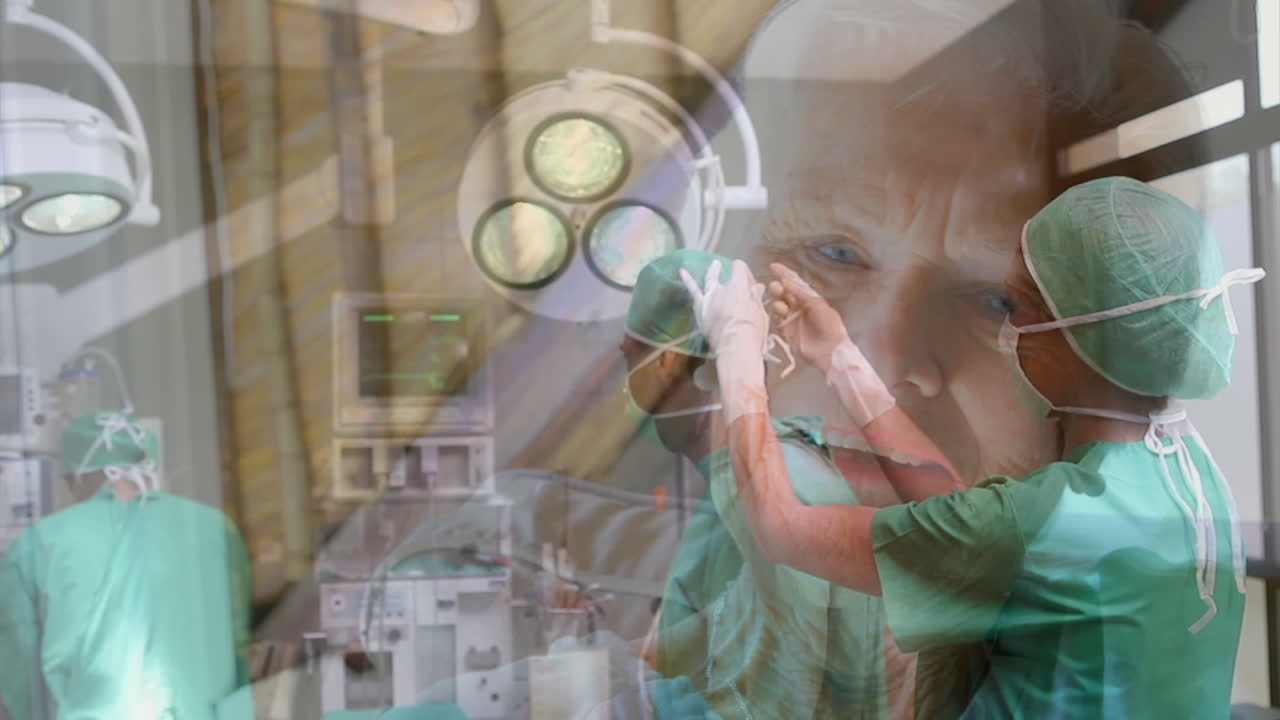 Animation shows doctors in masks and a senior woman amid COVID-19 outbreak.