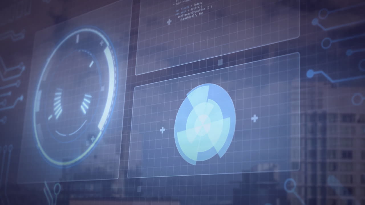 Processing futuristic data animation over cityscape background