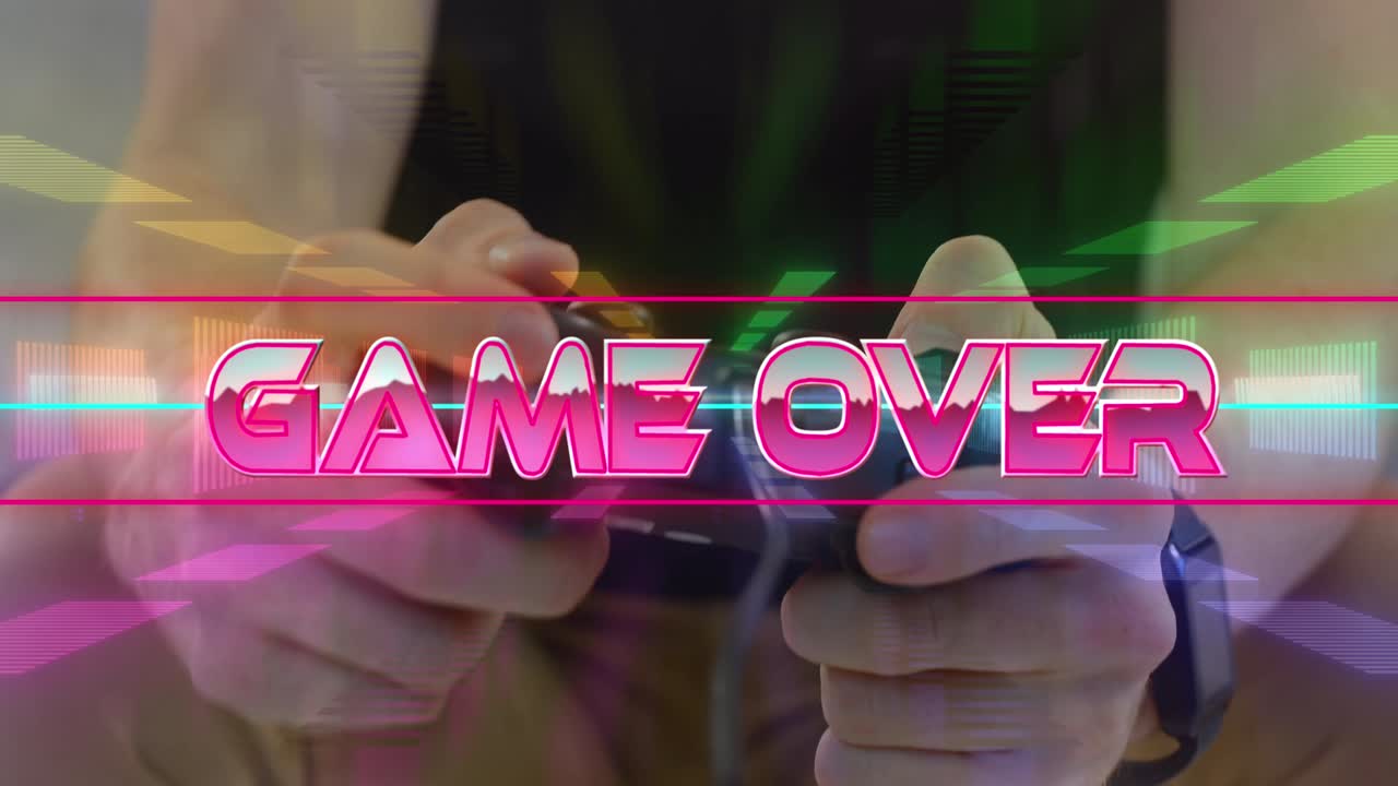 게임 위 비디오 게임 화면 위 네온과 사람이 조이스틱을 들고 놀고 있습니다.