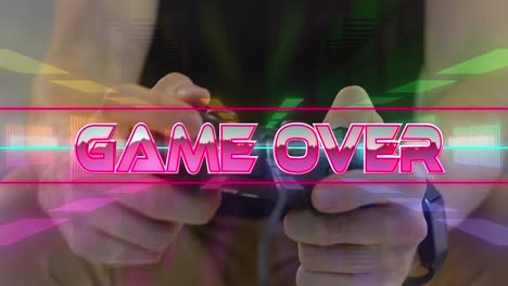 juego sobre pantalla de videojuego sobre neones y hombre sosteniendo y jugando con joystick