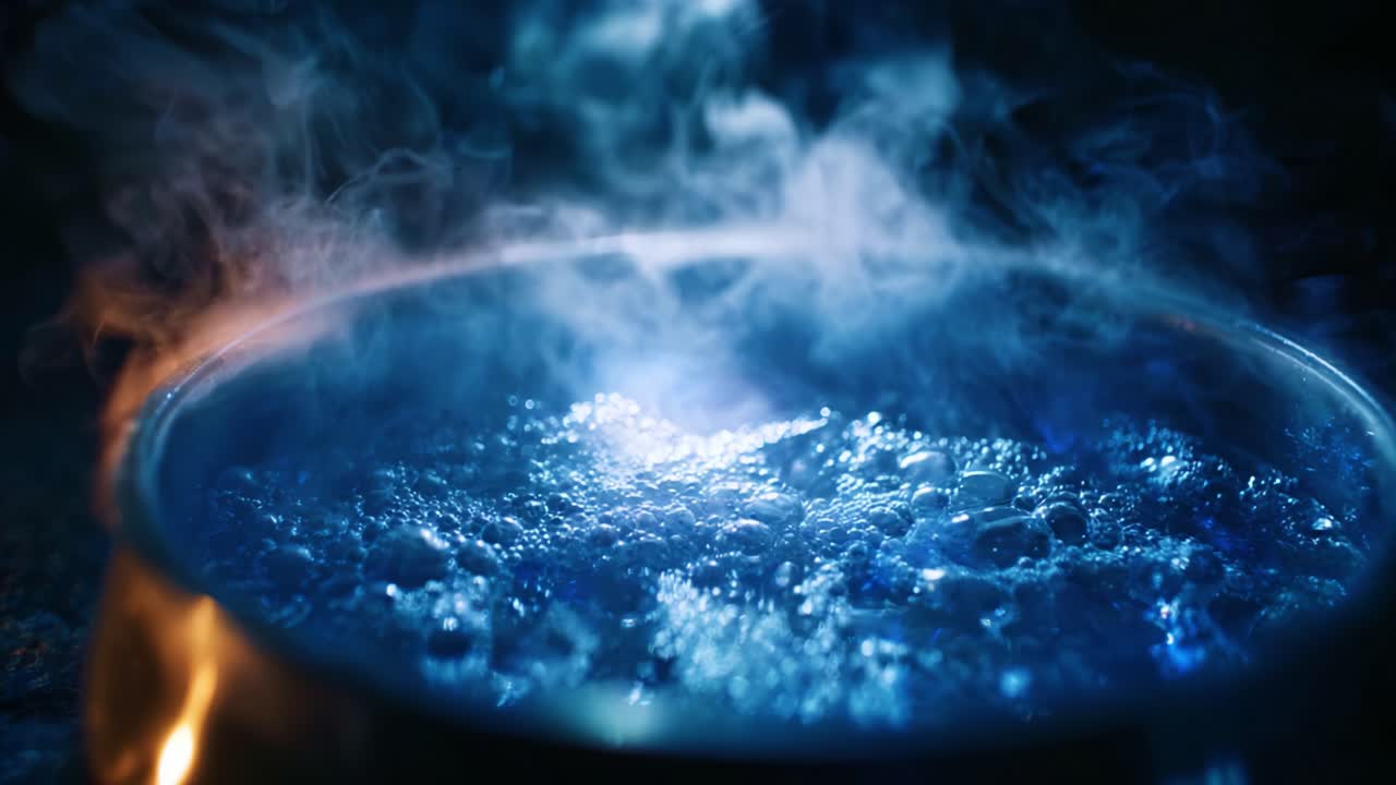 A mesmerizing close-up of a bubbling pot of water, illuminated by blue light, creating an enchanting atmosphere filled with steam and vibrant colors