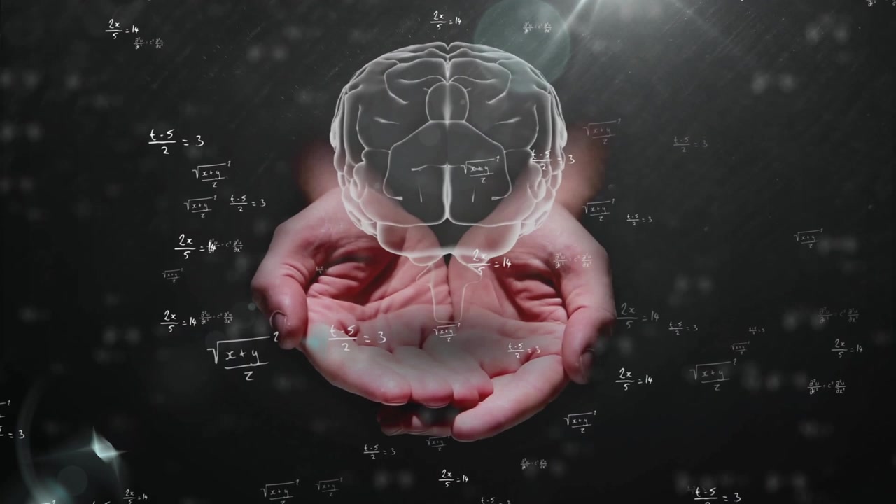 Floating equations initiating with cupped hands summoning rotating holographic brain showing math