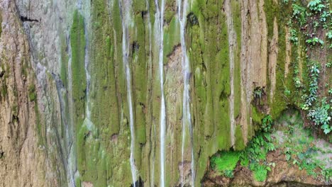 Toma-Aérea-Inclinada-Hacia-Arriba-De-La-Cascada-Salto-El-Limon-Cayendo-A-Lo-Largo-De-La-Pared-De-La-Montaña-Cubierta-De-Musgo-En-Samaná