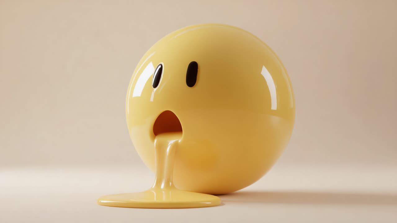 A whimsical yellow sphere with an expressive face, melting and oozing a creamy substance in a playful display of emotion, capturing curiosity and delight in a minimalistic setting