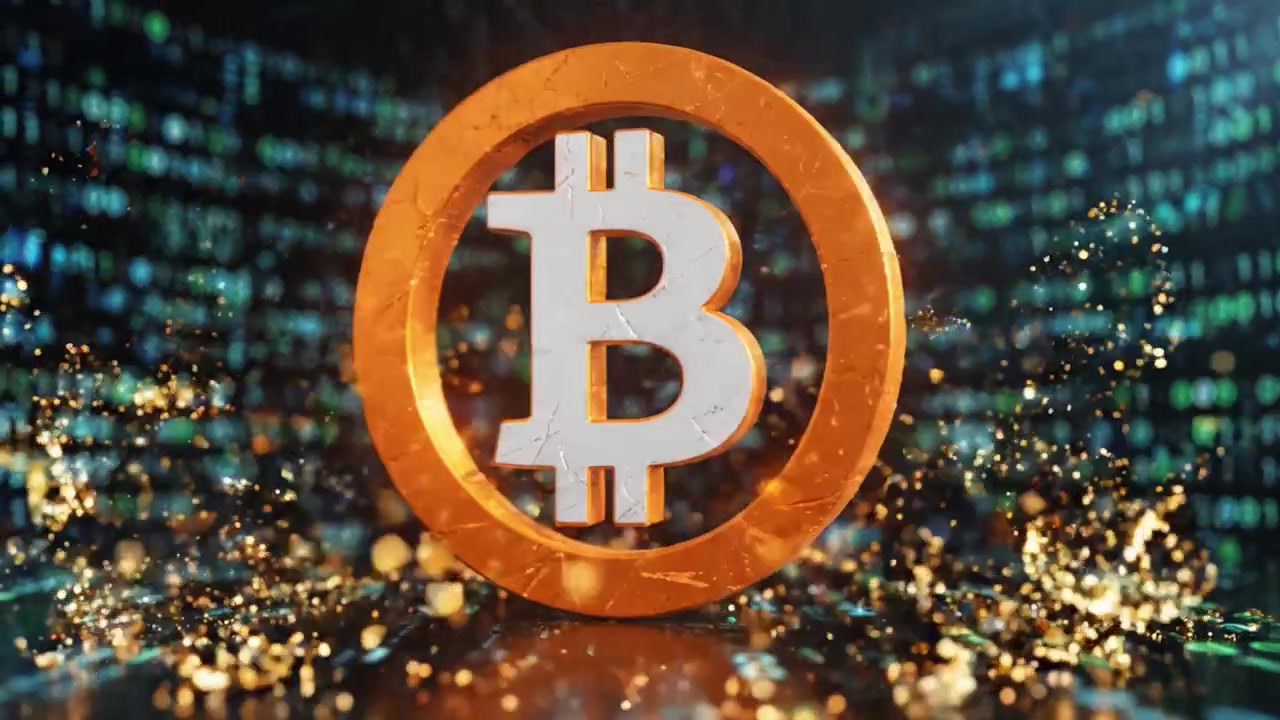 Esplorando l'ascesa della valuta digitale: Simbolo Bitcoin su uno sfondo di dati futuristico che rappresenta la tecnologia blockchain e l'evoluzione delle criptovalute
