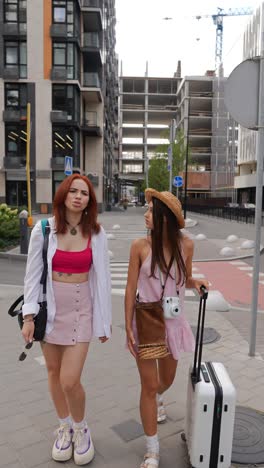 two women traveling in city