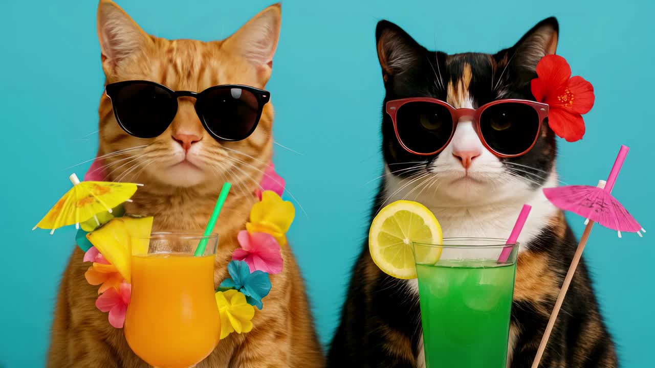 Due gatti con occhiali da sole, bevande tropicali, ghirlande di fiori e ombrellini, su uno sfondo blu
