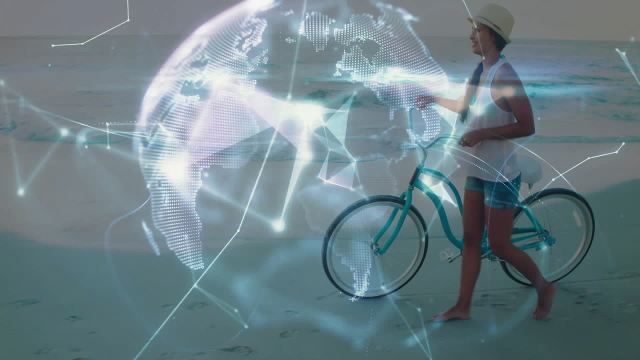 Woman walking bicycle on beach with digital world map overlay animation