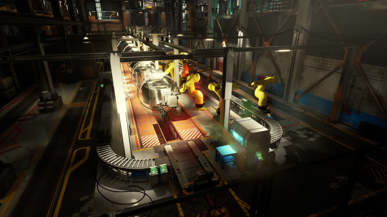 로 팔이 작동하는 공장에서 기계 건설 컨베이어 시스템