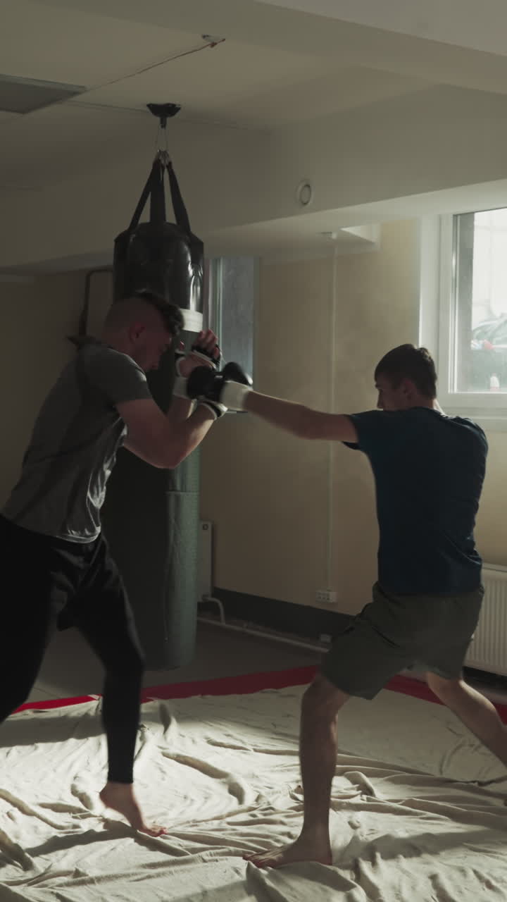 키크박스 선수들은 스포츠 클럽에서 우호적인 스파링에서 싸운다. 젊은 무술 마스터들은 빈 체육관에서 공격과 블록을 연습한다. 스포츠 선수들은 전투 훈련을 한다.