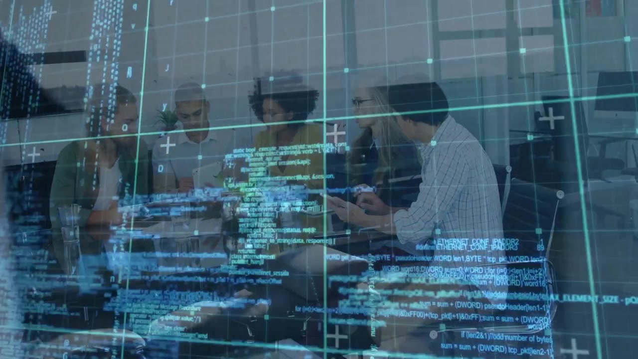 Overlay fading causing team ending phone call swiping tablet exchanging chart finalizing tech plan