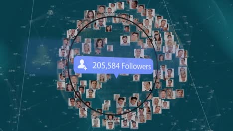 speech bubble with followers text with increasing numbers against globe of profile icons