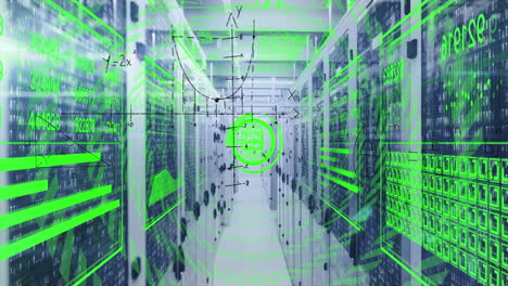 animación del procesamiento de datos y ecuaciones matemáticas contra la sala de servidores de computadora