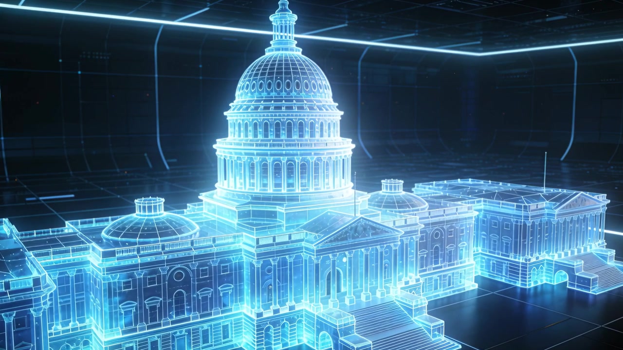 La telecamera si sposta, mostrando un modello olografico wireframe della cupola del Campidoglio che si muove in avanti in studio, rivelando le scale.