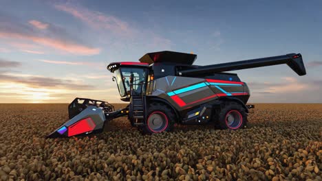 futuristic combine harvester in a field at sunset