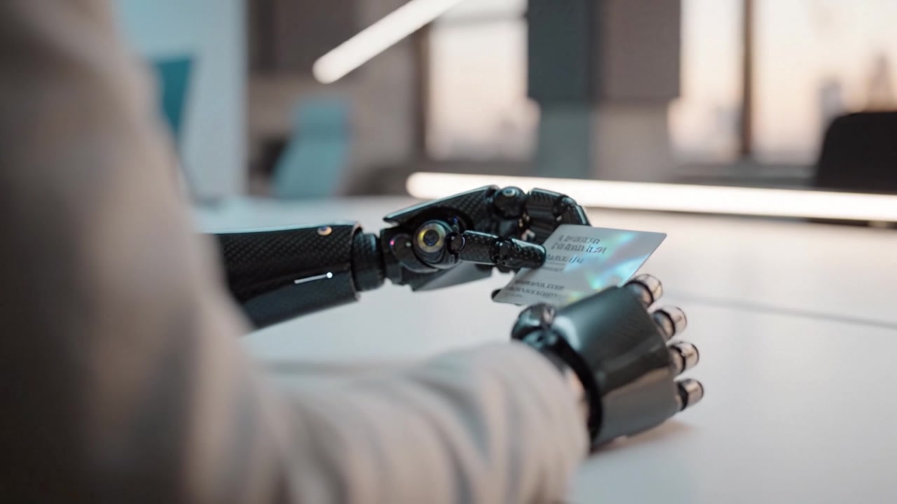 A robotic hand interacts with a digital interface, showcasing advanced technology and innovation in a modern workspace setting with a futuristic design aesthetic.