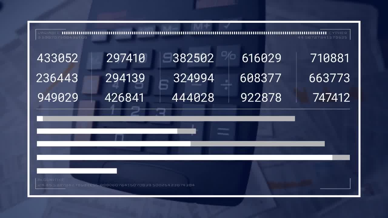 animación del procesamiento de datos financieros y estadísticas a través de una calculadora.