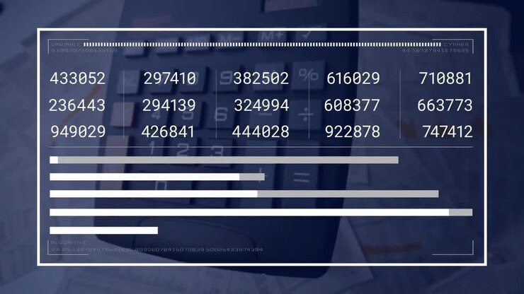 Animation of financial data processing and statistics over calculator