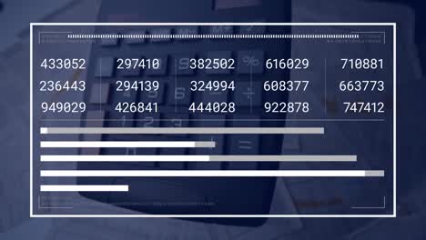 Animation of financial data processing and statistics over calculator