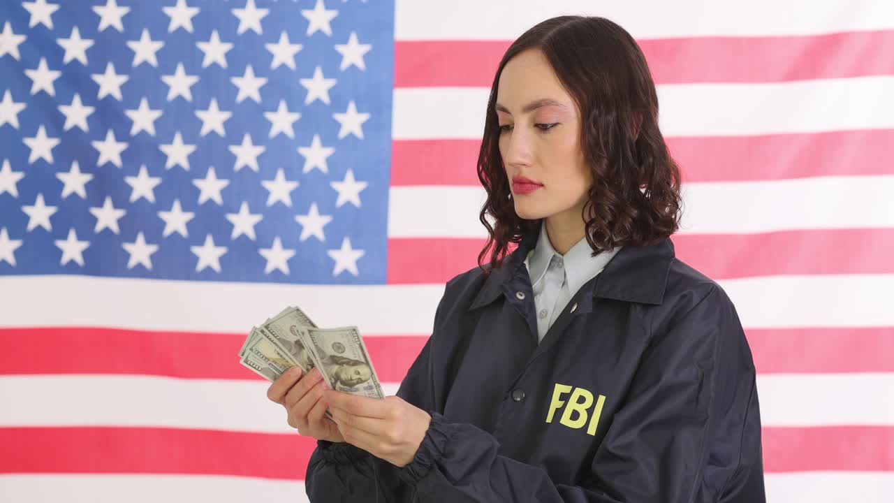Woman in FBI jacket holding money in front of American flag