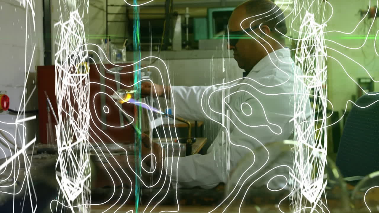 animación de líneas blancas sobre un científico masculino biracial que trabaja en el laboratorio