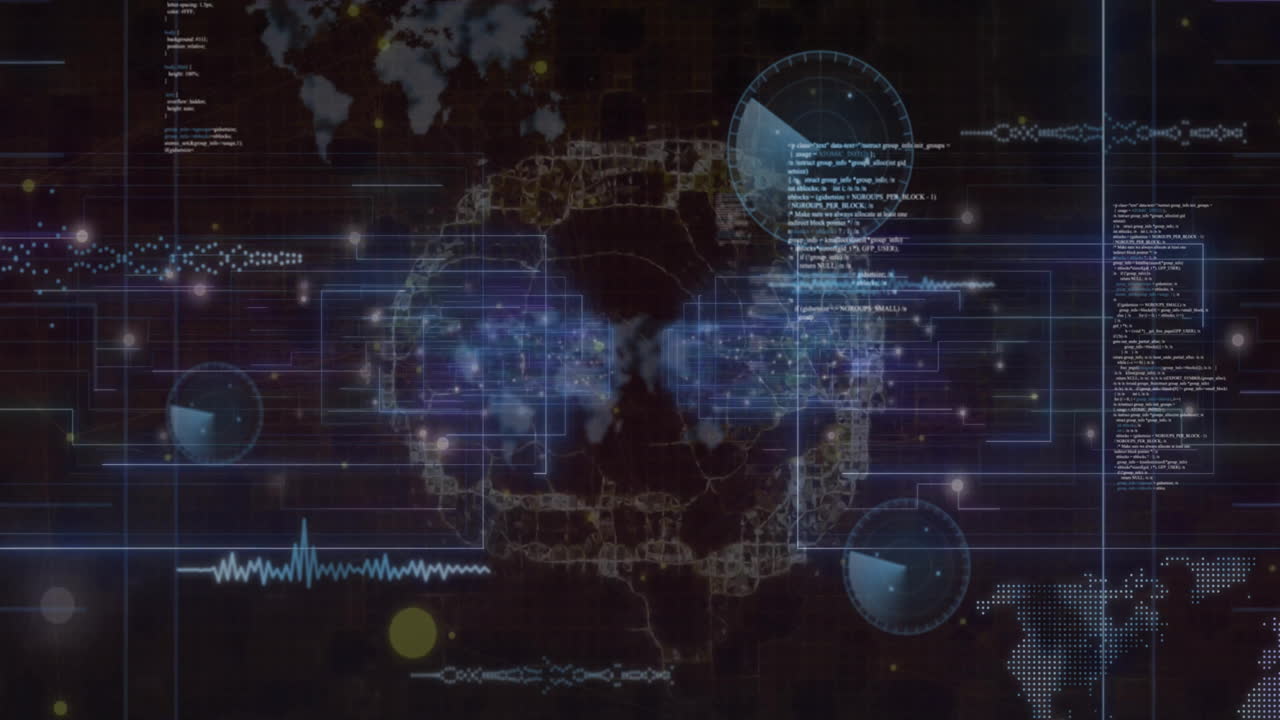 Animation of data processing over digital brain on black background