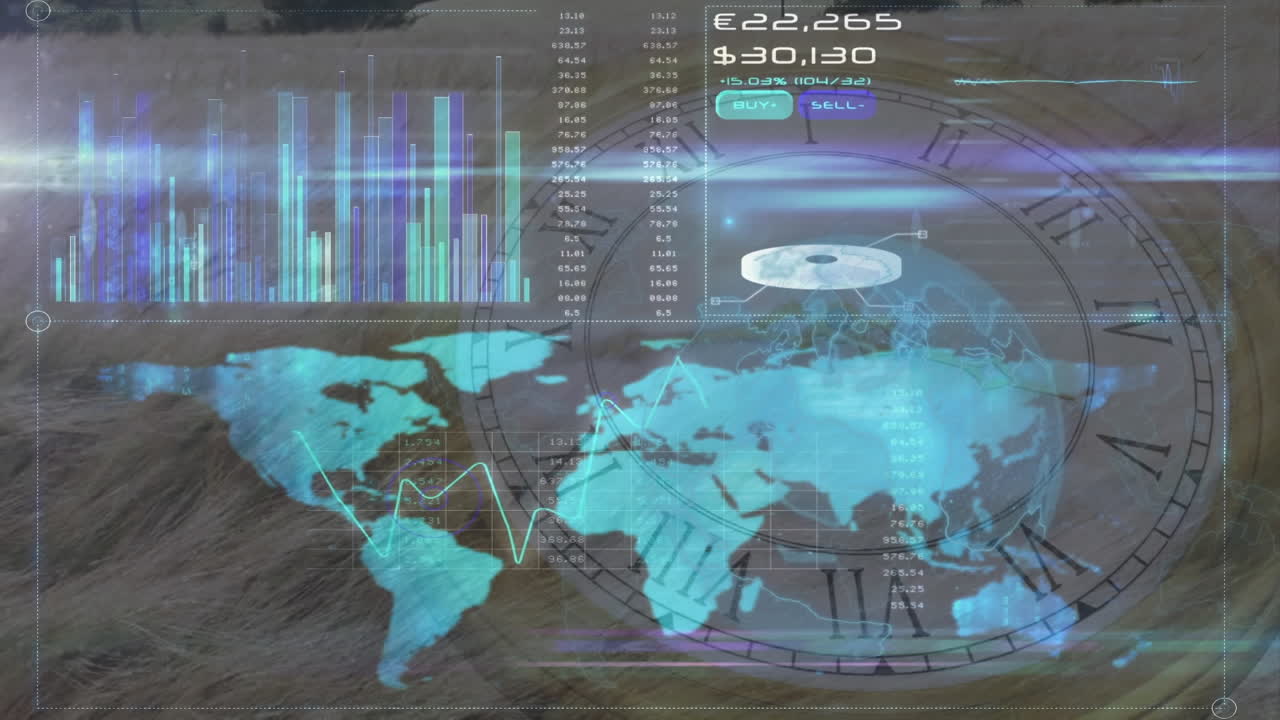 animación del mapa del mundo con red y procesamiento de datos en la interfaz sobre el reloj girando, en gris