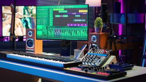 empty home studio desk with daw software and mixing console used for mixing