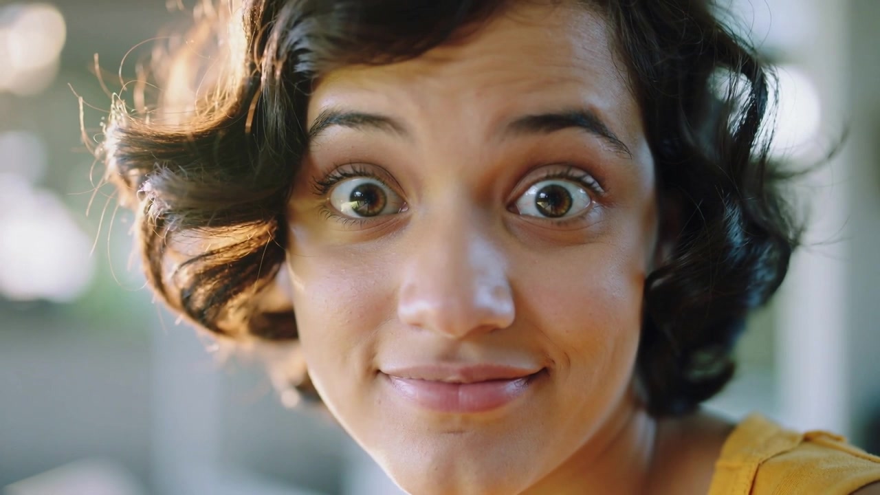 Smiling woman in yellow top responding to camera, widening and winking at home with rim light