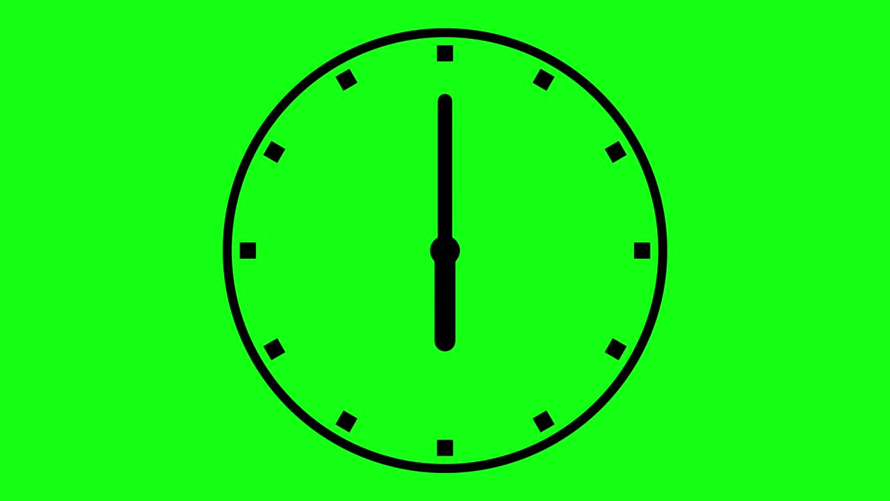 reloj con flechas en movimiento en fondo verde. animación de reloj en animación de bucle de 12 horas