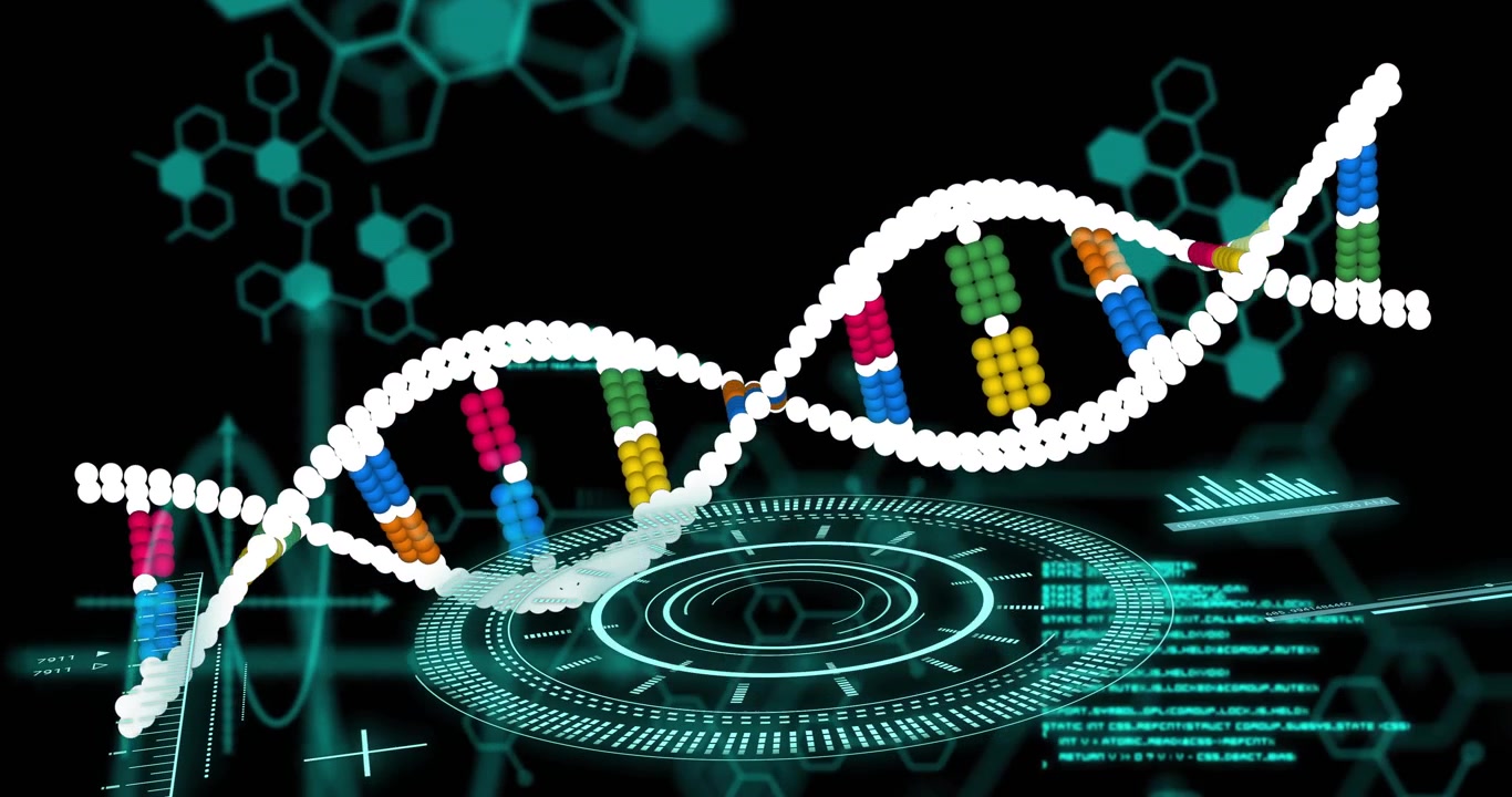 HUD lighting up, DNA helix emerging from left, undulating across teal biotech HUD scanning code