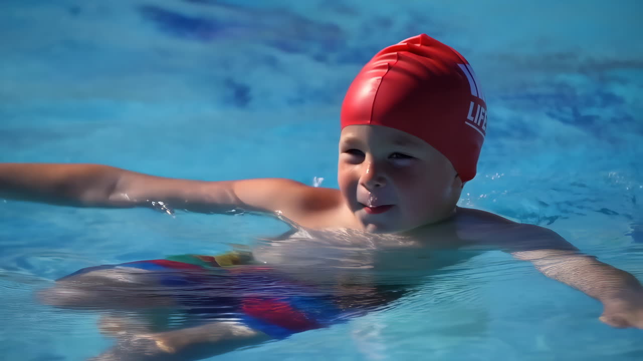 A young boy wearing a red swim cap in a swimming pool