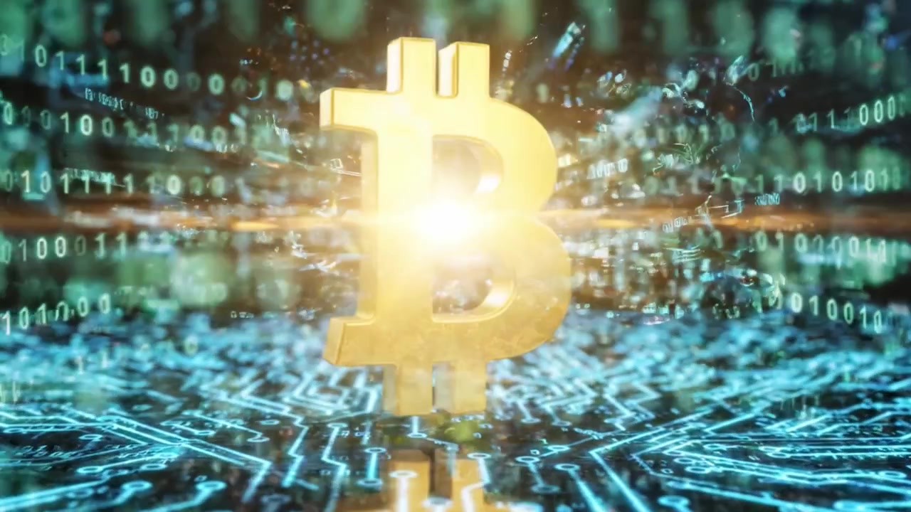 Simbolo Bitcoin dorato che rappresenta la criptovaluta e la tecnologia blockchain su uno sfondo digitale ad alta tecnologia con motivi a circuito