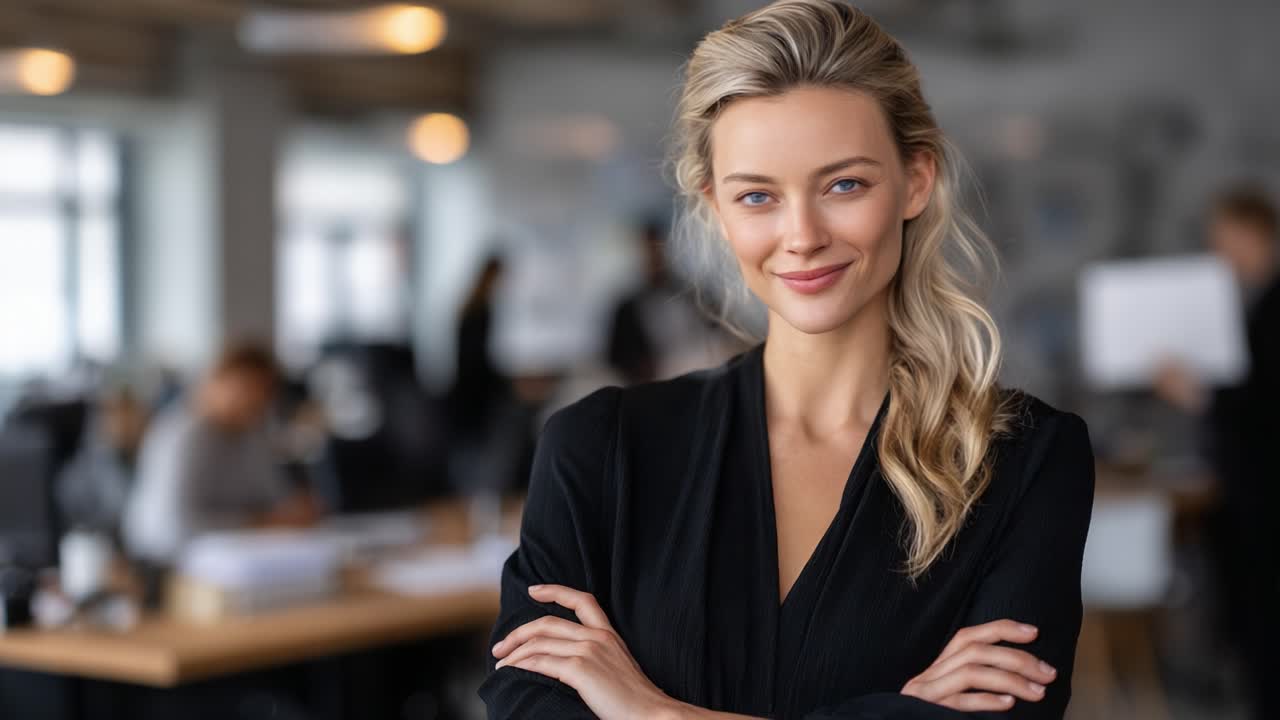 En selvsikker kvinne som står med armene i kors og smiler i et kontormiljø, illustrerer profesjonalitet, tilgjengelighet og moderne dynamikk på arbeidsplassen
