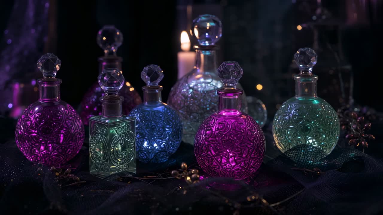 Shifting camera right to center round green bottle on dark cloth, candlelight dancing across glass