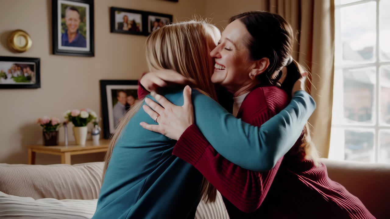 Two Happy Women Hugging on a Couch in a Living Room