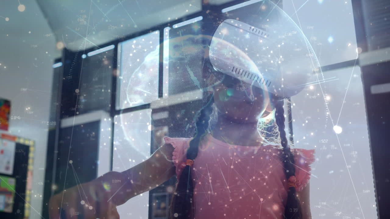 Ragazza che indossa un visore VR, con un mondo virtuale sovrapposto a una rete digitale e alla Terra.