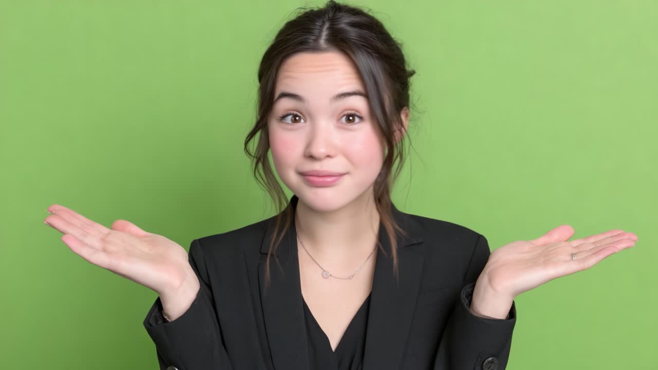 Expressive Female in Suit with Neutral Background Gestures Confidently While Displaying Open Hands, Portraying Inquiry or Ambivalence in a Professional Setting