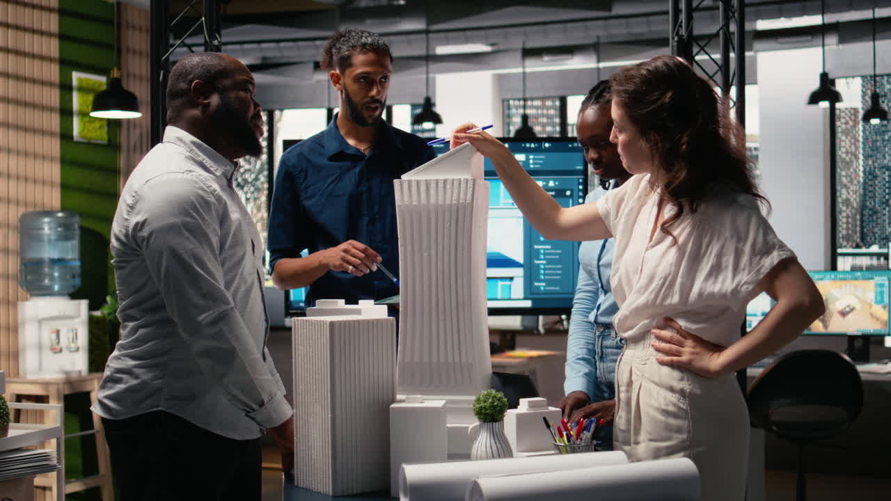 Diverse team of developers sharing construction details in a briefing session