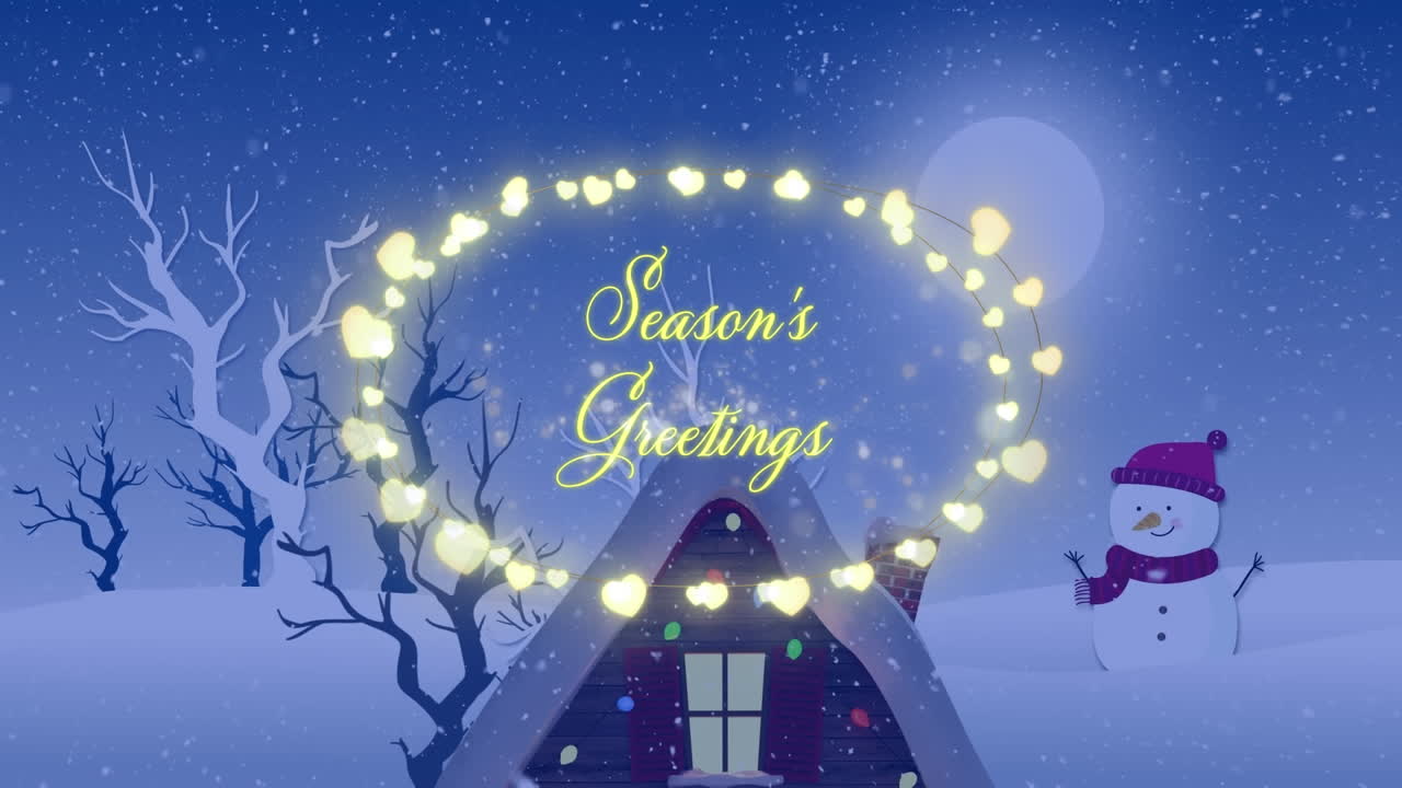 animación del texto de saludos de la temporada con luces de hadas sobre la nieve que cae y el paisaje de invierno.
