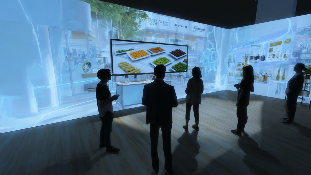 A Group of Individuals Engaged in an Interactive Digital Presentation Showcasing Various Culinary Creations and Food Innovations in a High-Tech Multimedia Environment