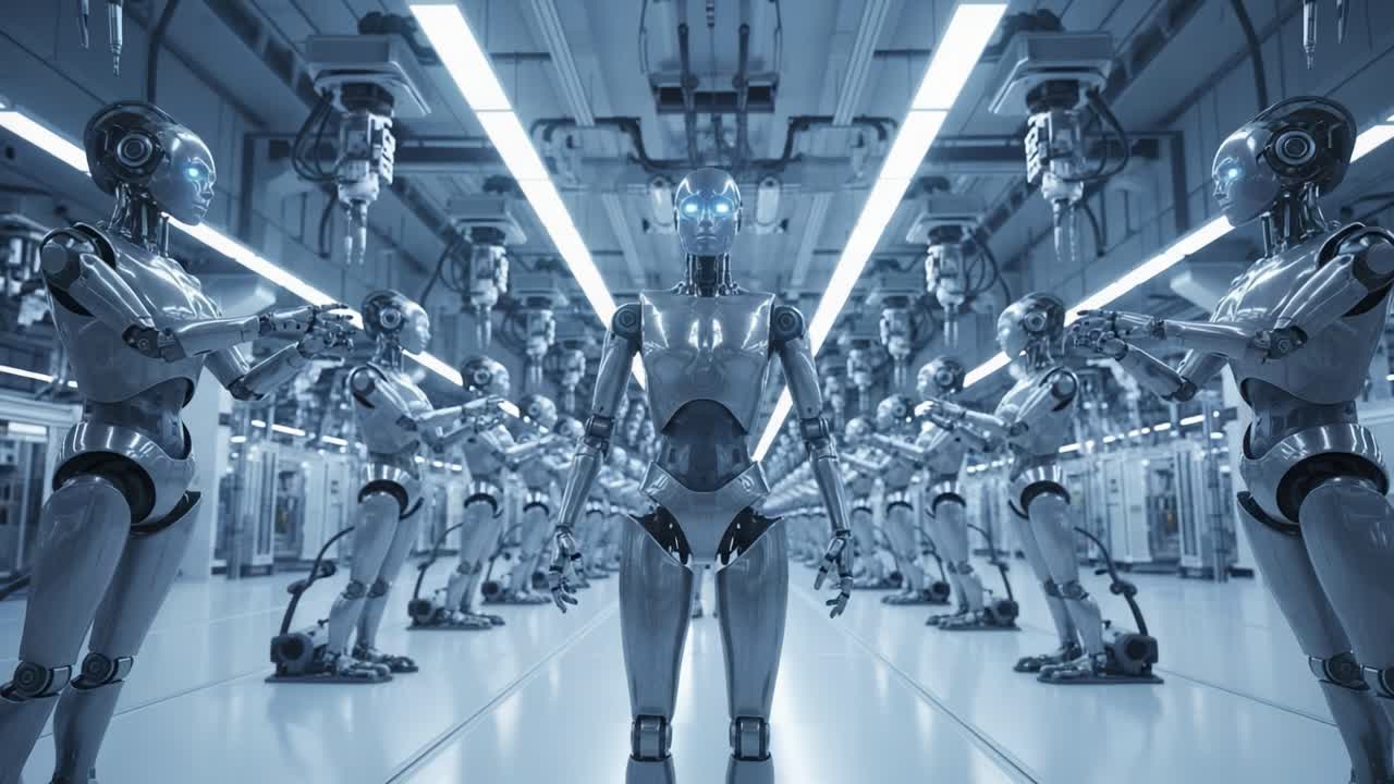 A futuristic scene showcasing a group of advanced humanoid robots in a high-tech environment, exploring themes of technology, artificial intelligence, and robotics.